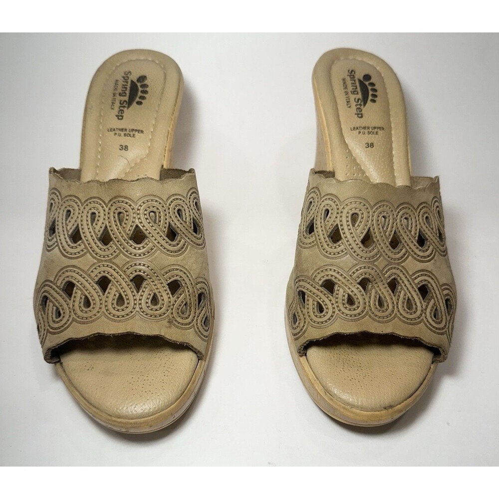 Spring Step Italy Leather Laser Cut Wedge Slide Sandals Tan Size US 7.5 EUR 38
